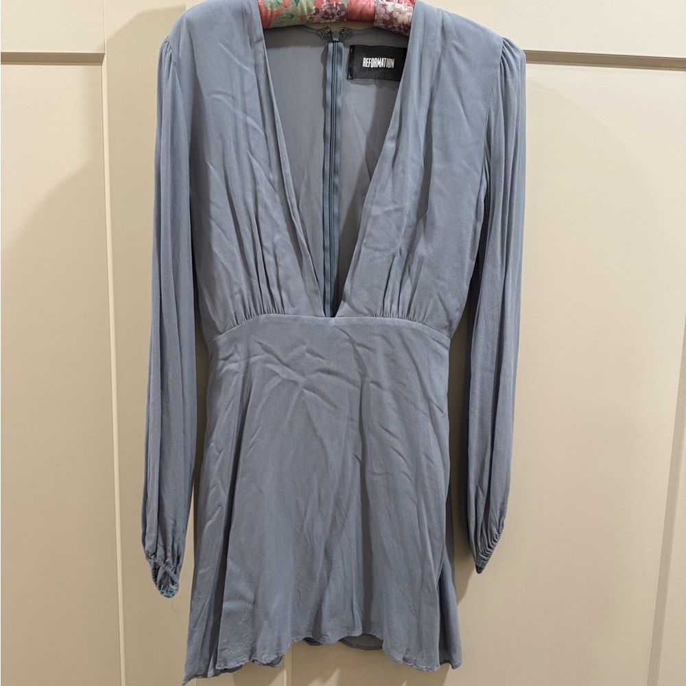 Reformation Blue Deep V Long Sleeved Mini Dress Size 4